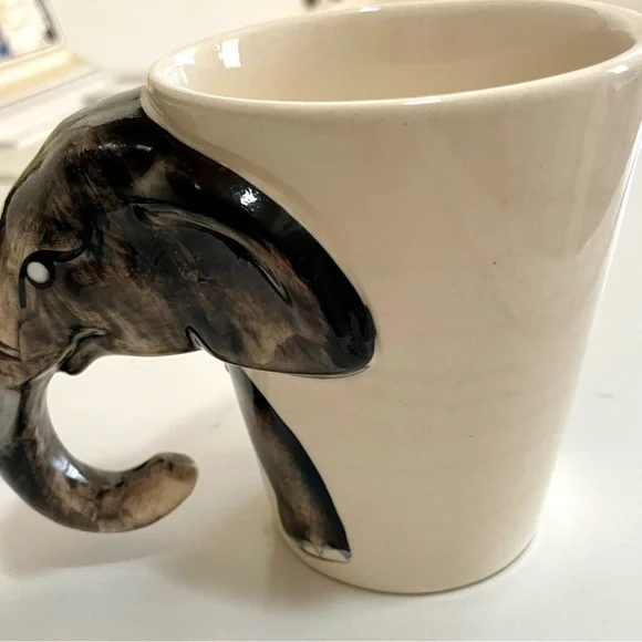 Elephant Head Unique Trunk Handle Ceramic Mug, Made in Thailand, Beige & White. - Picture 5 of 9